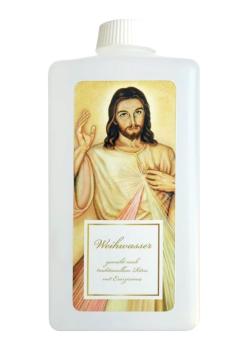 Holy water bottle "Divine Mercy Jesus" with exorcised holy water - German label